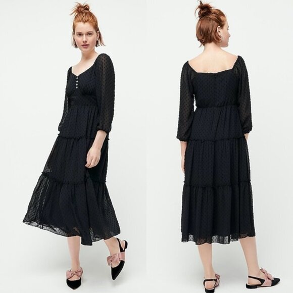 NWT J. Crew Black Tiered Swiss Dot Long Sleeve Dress - Picture 1 of 10